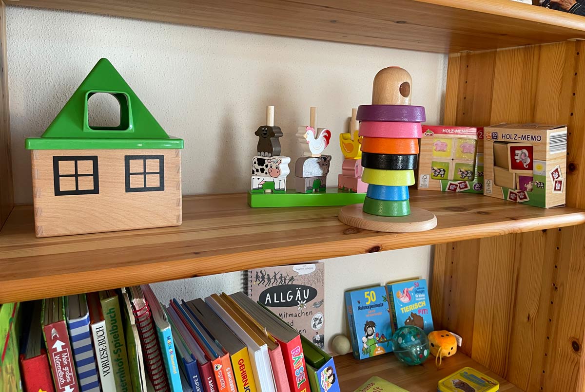 Verschiedene Holzspielsachen und Bücher